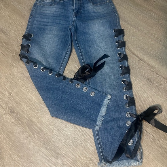 For The Republic Denim - For the Republic Lace-Up Blue Denim Jeans with Frayed Ends Size 6/27